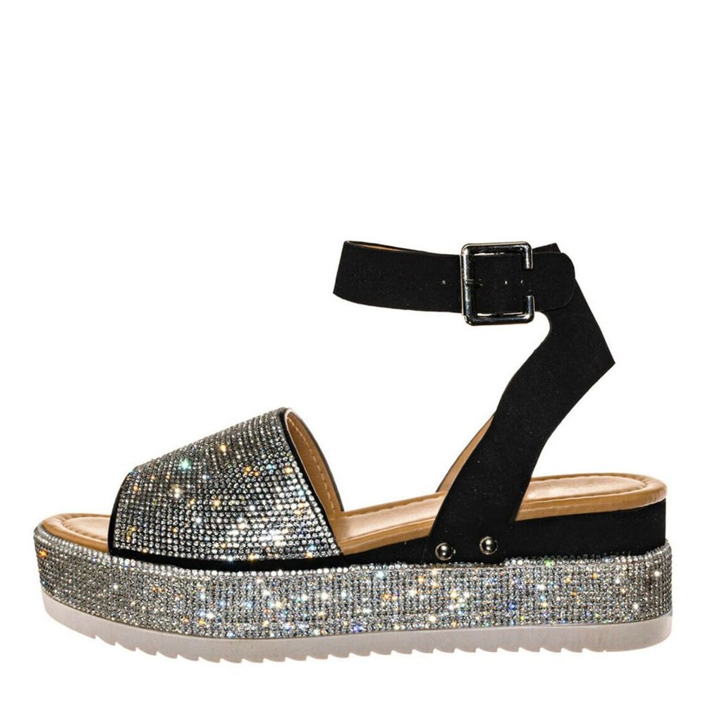 NEW Bling Silver Rhinestone Peep Toe Flat Platform Wedge Heel Sandal Ankle Strap - Picture 7 of 12